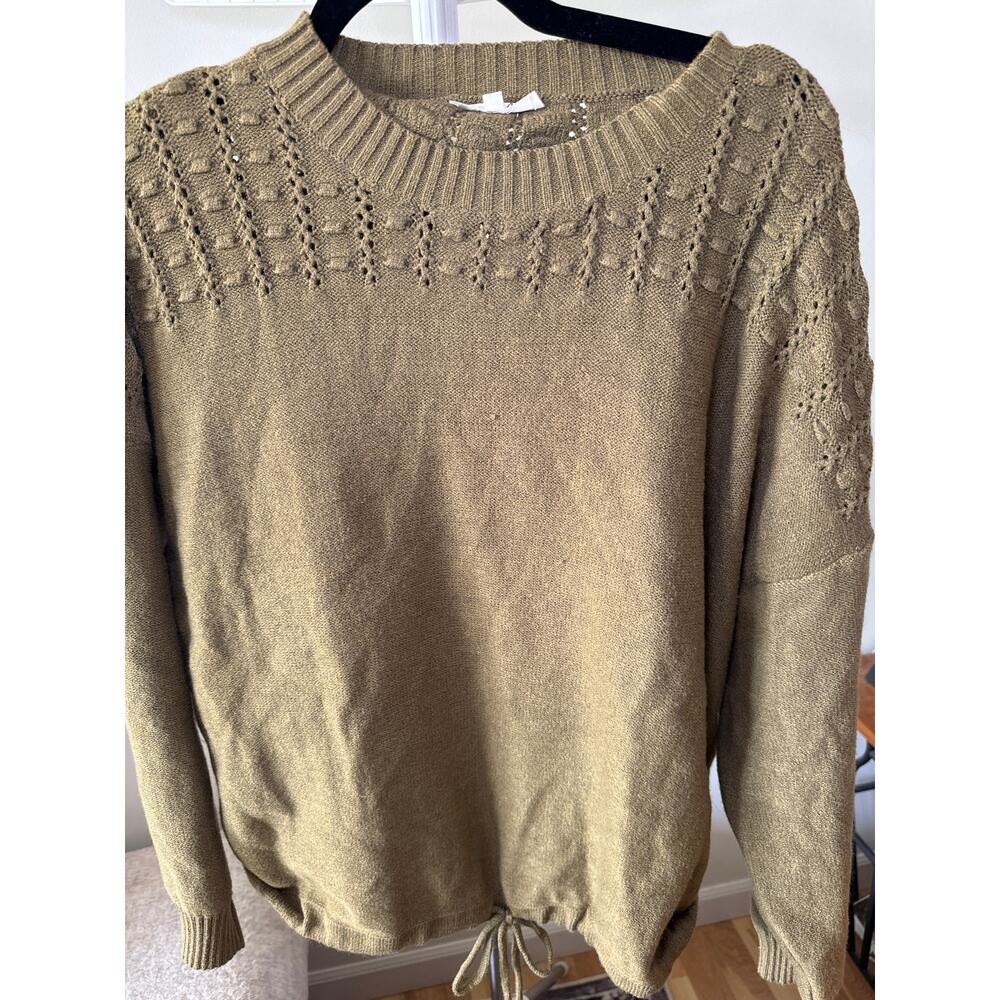 Sasel Olive Knotted Tee Pullover Sweater Long Sleeve Crew Neck Women's Size L